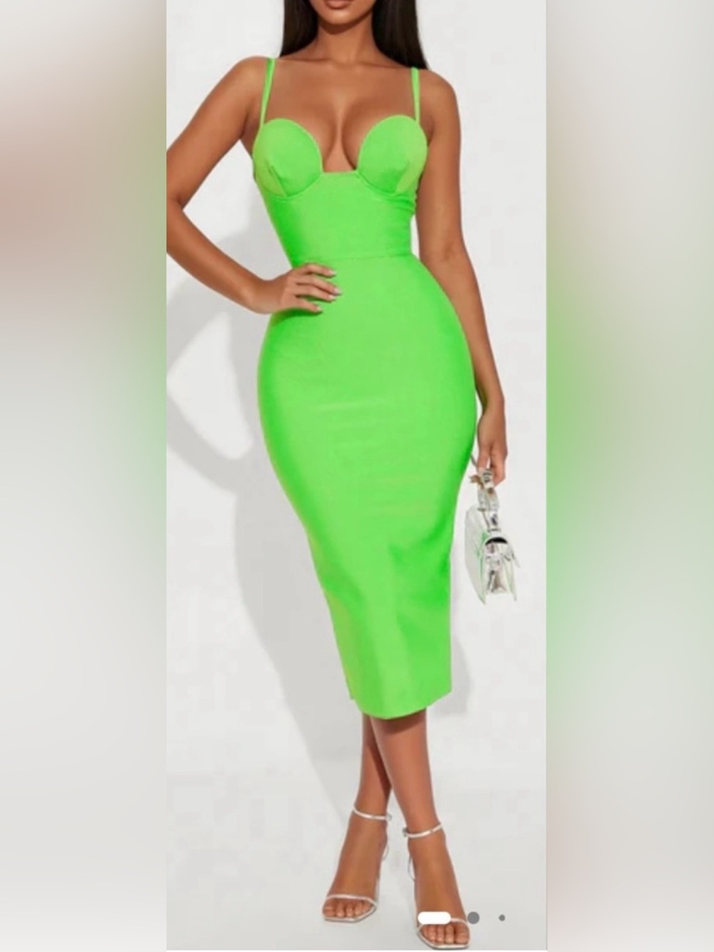 Green Bodycon Midi Dress - Sleek Women's Spaghetti Strap Dress - Picture 2 of 4